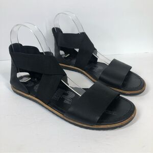 Sorel Ella II Cross Strap Black Leather Sandals Size 9 NL2893-010